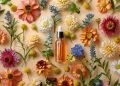 Bottle of Essential Oil Surrounded by Flowers