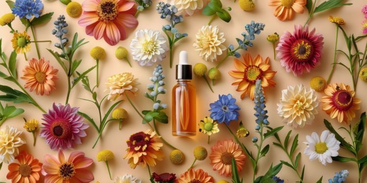Bottle of Essential Oil Surrounded by Flowers